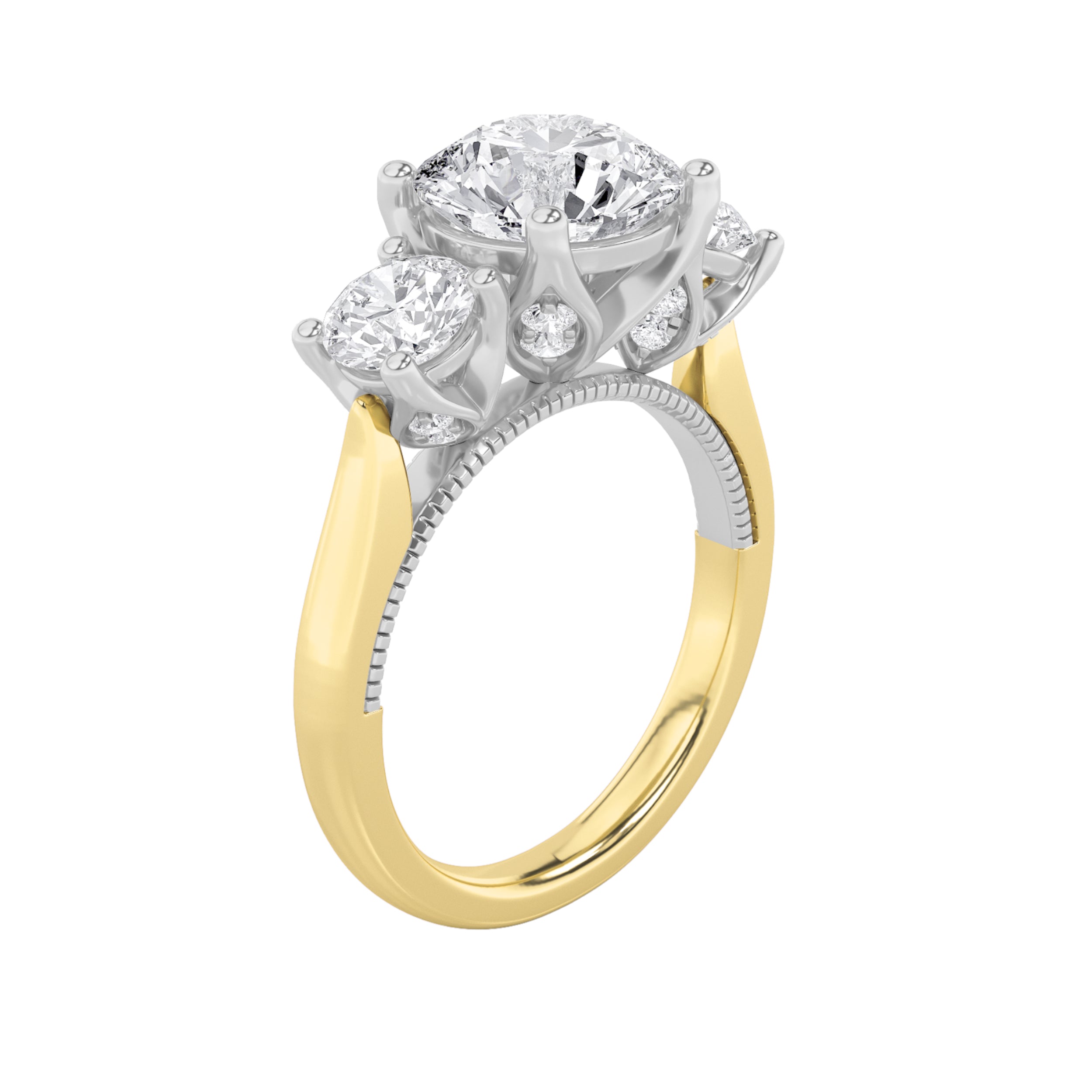 4CTW Round Shaped Lab Grown Diamond (F/VS) Accented Three Stone Ring in 14K Gold