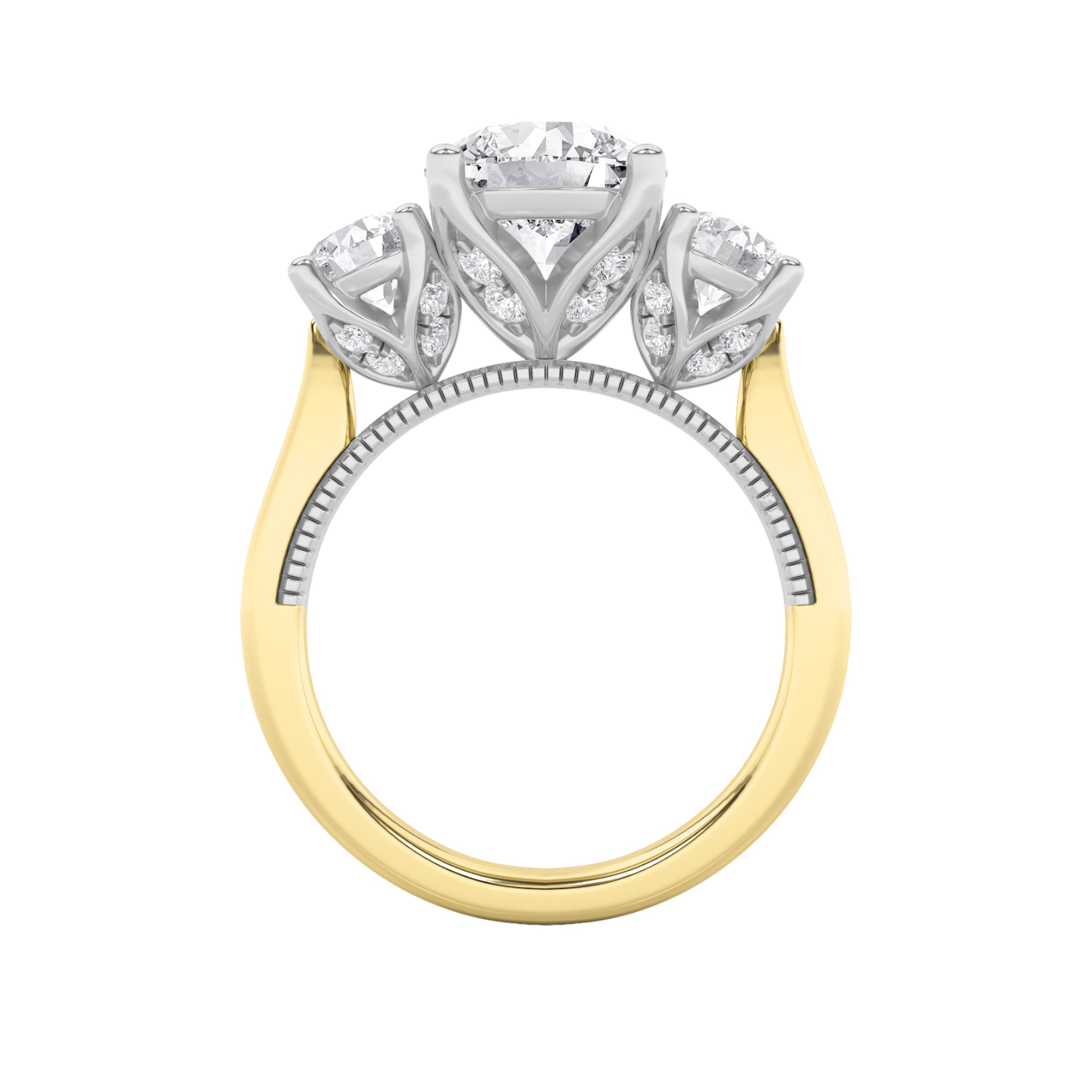 4CTW Round Shaped Lab Grown Diamond (F/VS) Accented Three Stone Ring in 14K Gold