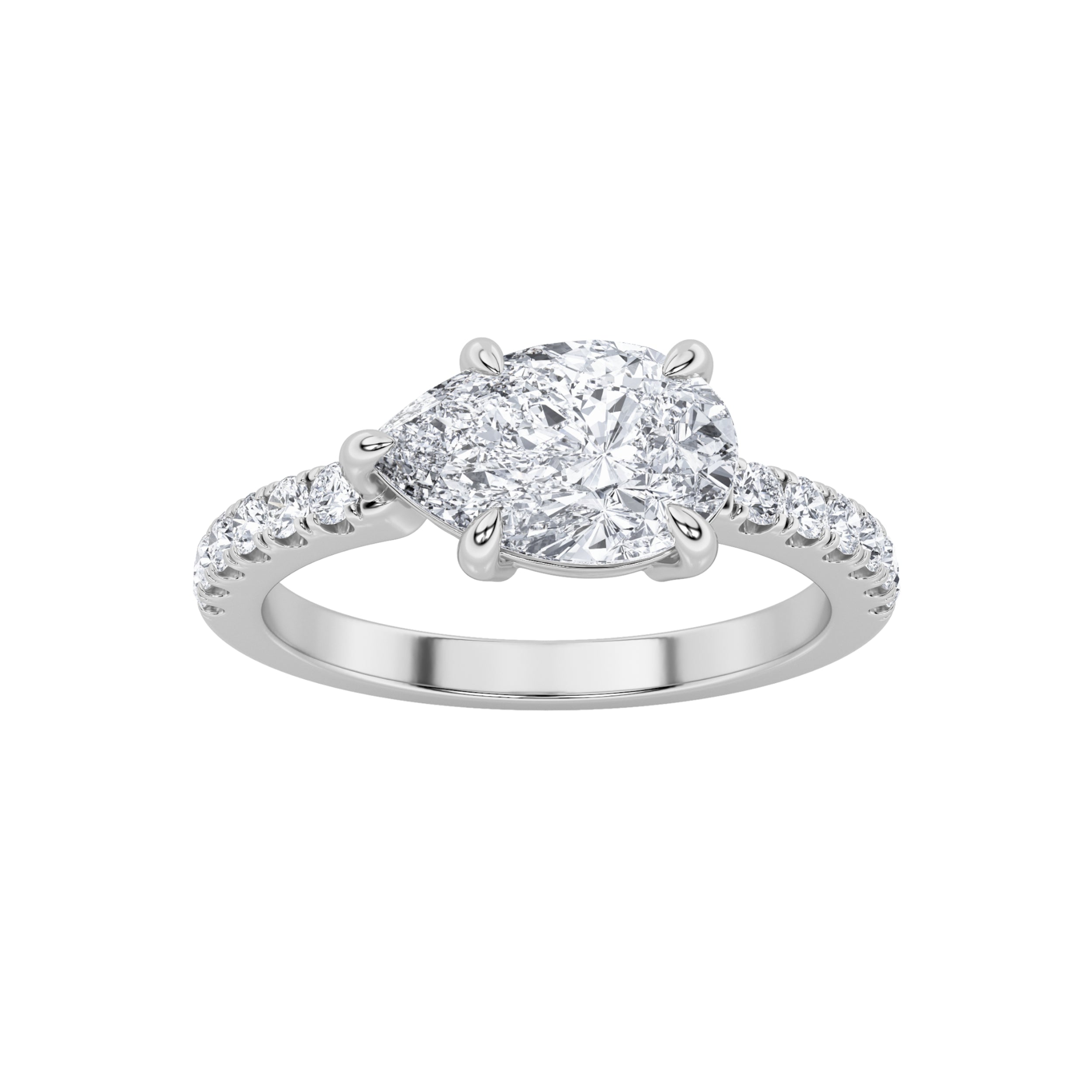1.5CTW Pear Shaped Lab Grown Diamond (F/VS) East West Accented Ring in 14K Gold