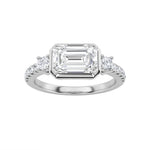 2CTW Emerald Shaped Lab Grown Diamond (F/VS) East West Accented Three Stone Ring in 14K Gold