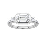 2CTW Emerald Shaped Lab Grown Diamond (F/VS) East West Accented Three Stone Ring in 14K Gold