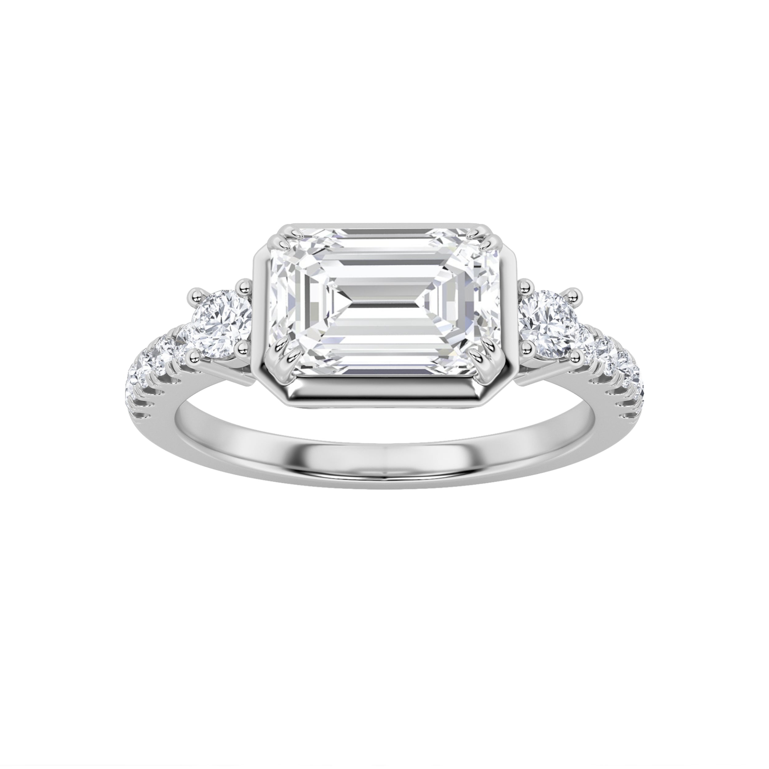 2CTW Emerald Shaped Lab Grown Diamond (F/VS) East West Accented Three Stone Ring in 14K Gold