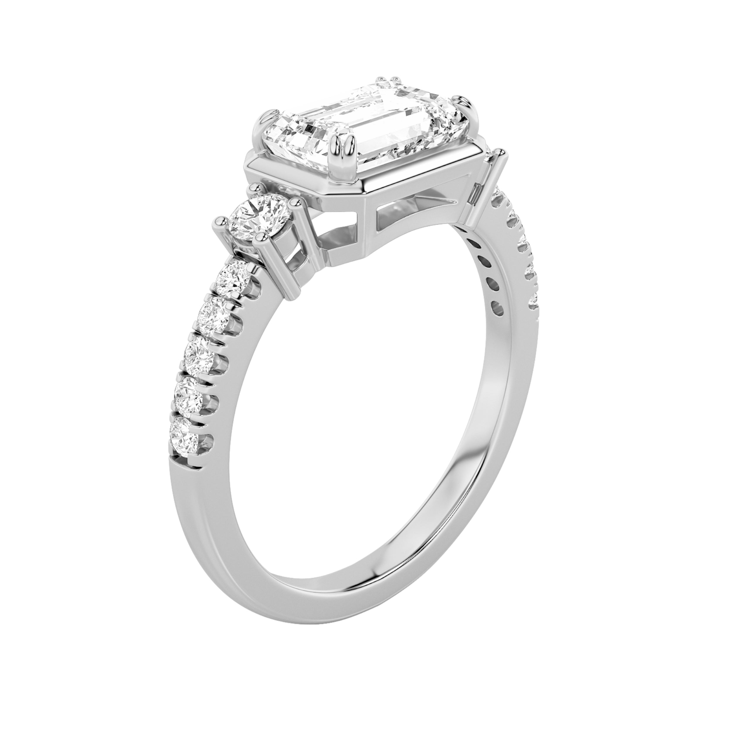2CTW Emerald Shaped Lab Grown Diamond (F/VS) East West Accented Three Stone Ring in 14K Gold