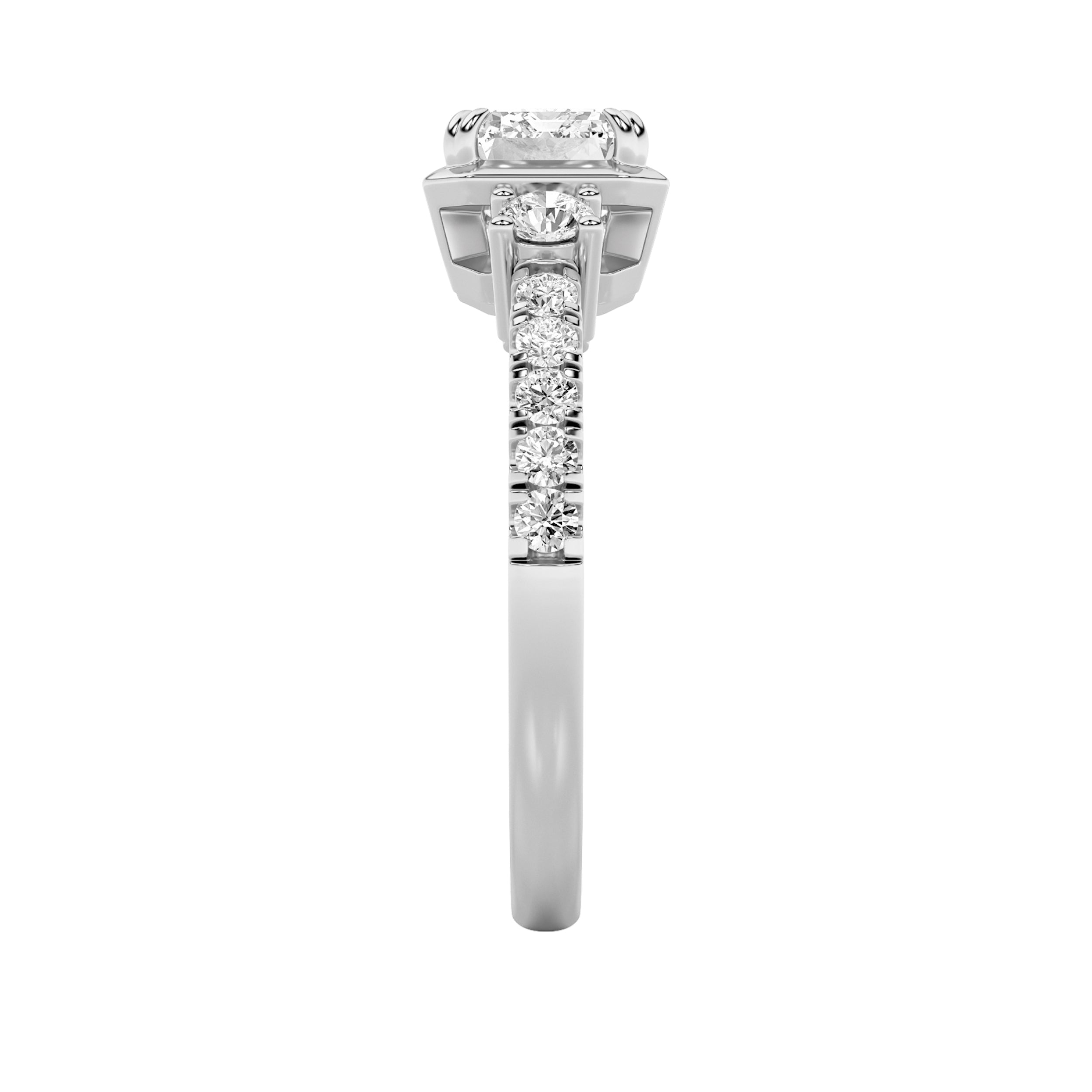 2CTW Emerald Shaped Lab Grown Diamond (F/VS) East West Accented Three Stone Ring in 14K Gold