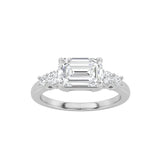 1.5CTW Emerald Shaped Lab Grown Diamond (F/VS) East West Accented Three Stone Ring in 14K Gold