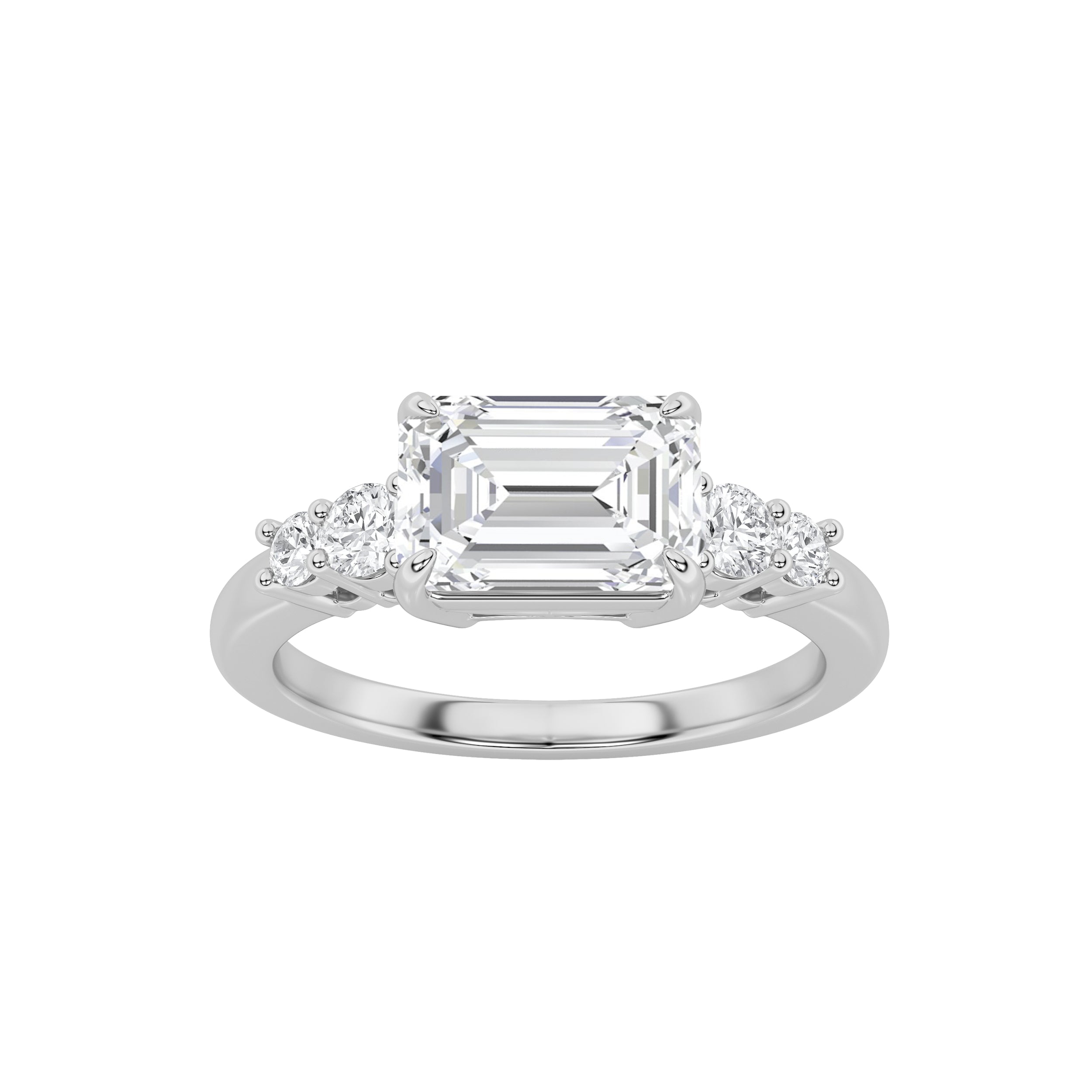 1.5CTW Emerald Shaped Lab Grown Diamond (F/VS) East West Accented Three Stone Ring in 14K Gold