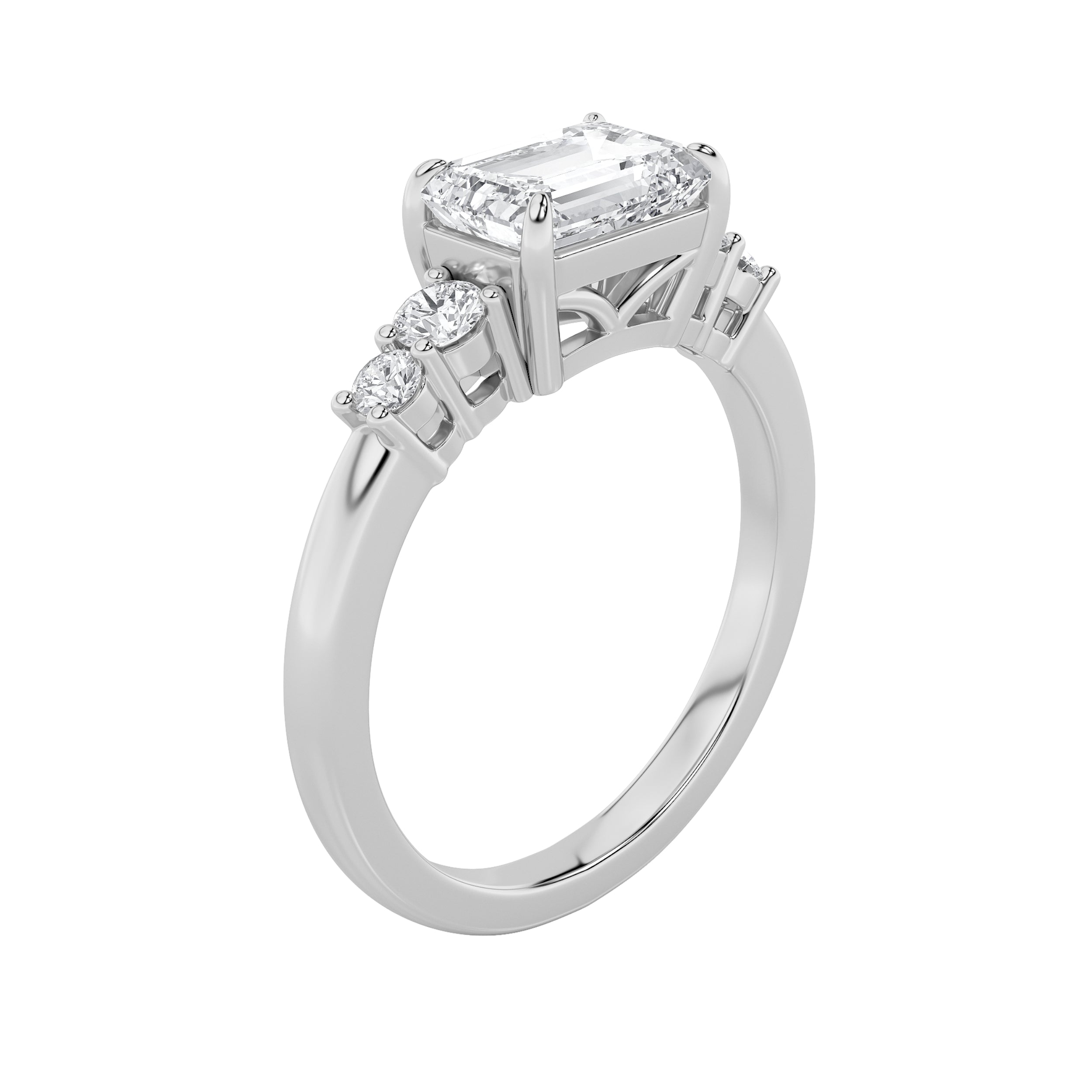 1.5CTW Emerald Shaped Lab Grown Diamond (F/VS) East West Accented Three Stone Ring in 14K Gold