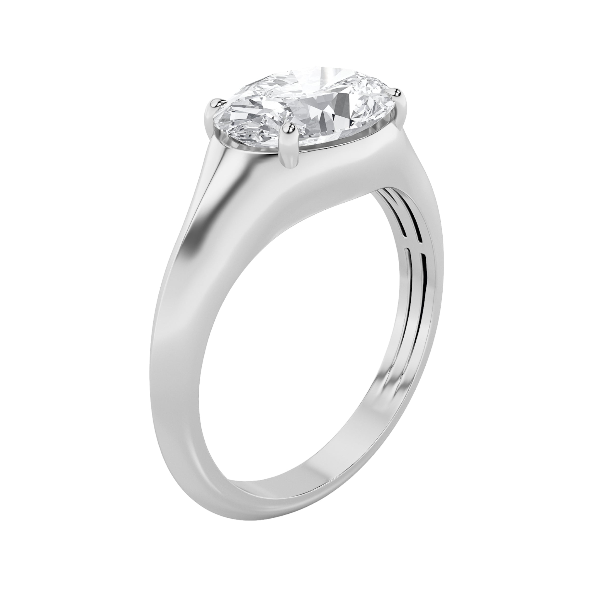 2CTW Oval Shaped Lab Grown Diamond (F/VS) East West Solitaire Ring in 14K Gold
