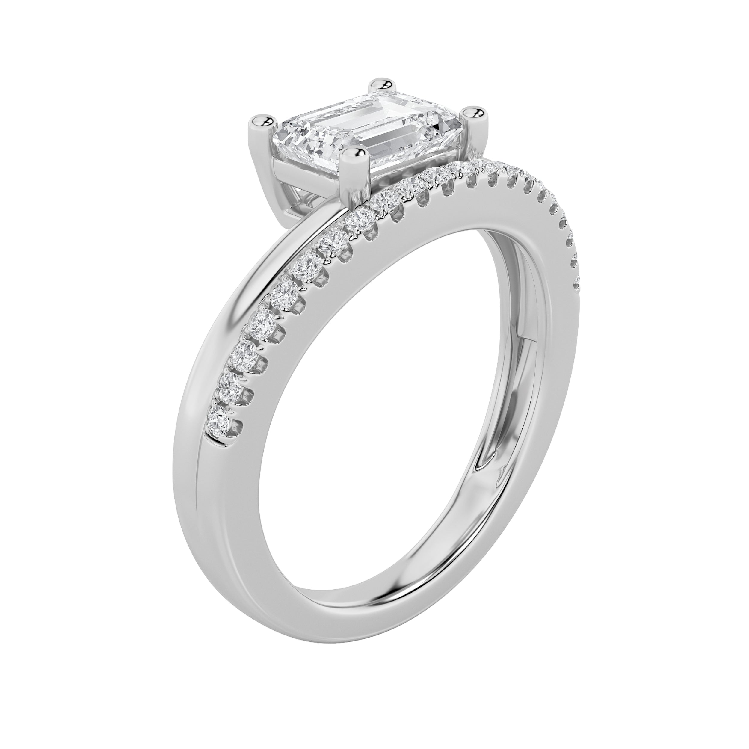 1.5CTW Emerald Shaped Lab Grown Diamond (F/VS) East West Accented Solitaire Ring in 14K Gold