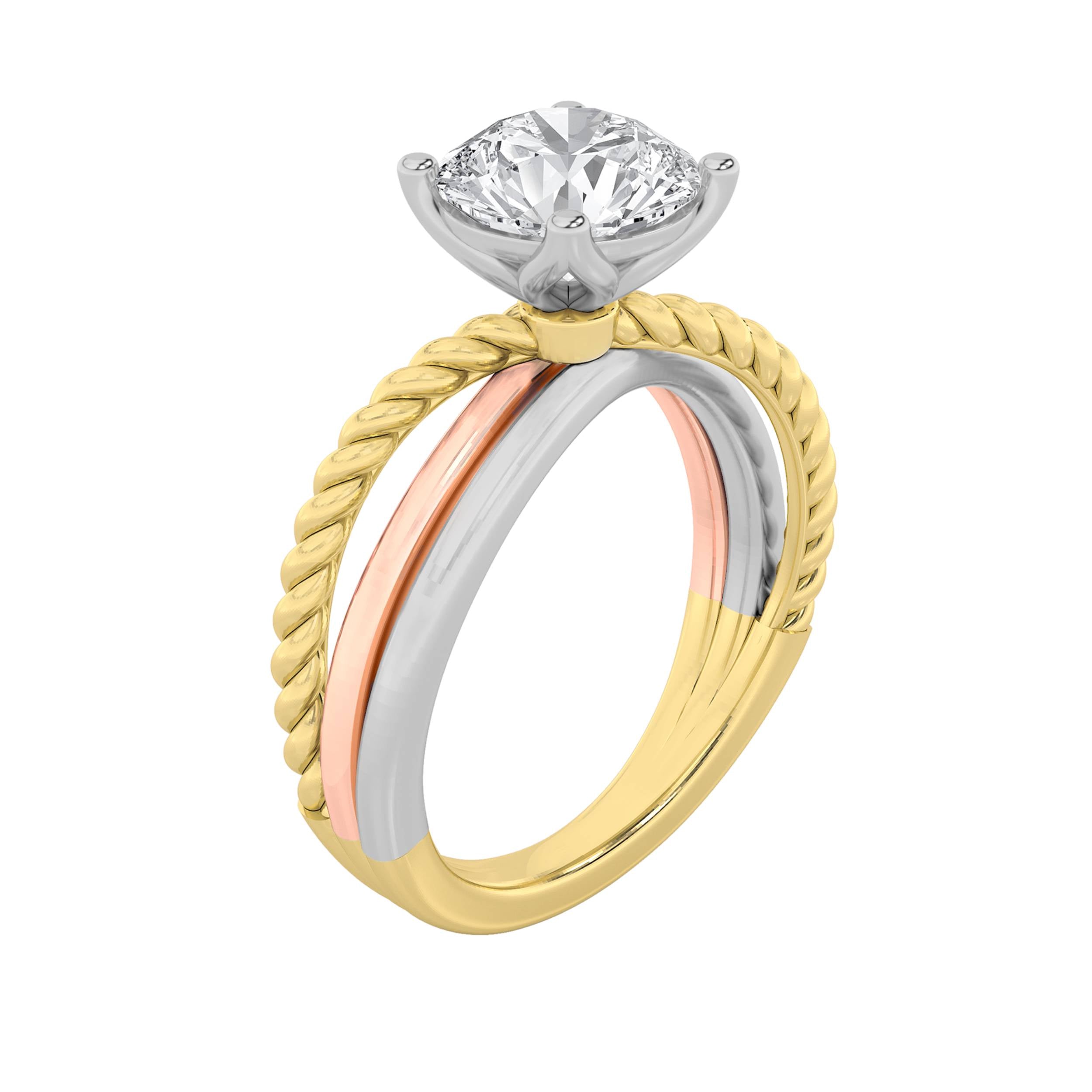 2CTW Round Shaped Lab Grown Diamond (F/VS) Tri Color Solitaire Fancy Ring in 14K Gold
