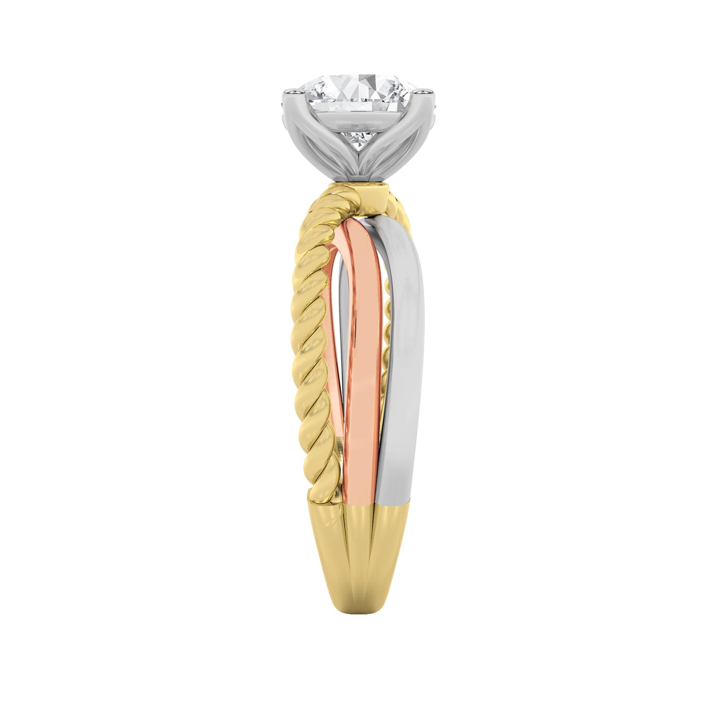 2CTW Round Shaped Lab Grown Diamond (F/VS) Tri Color Solitaire Fancy Ring in 14K Gold