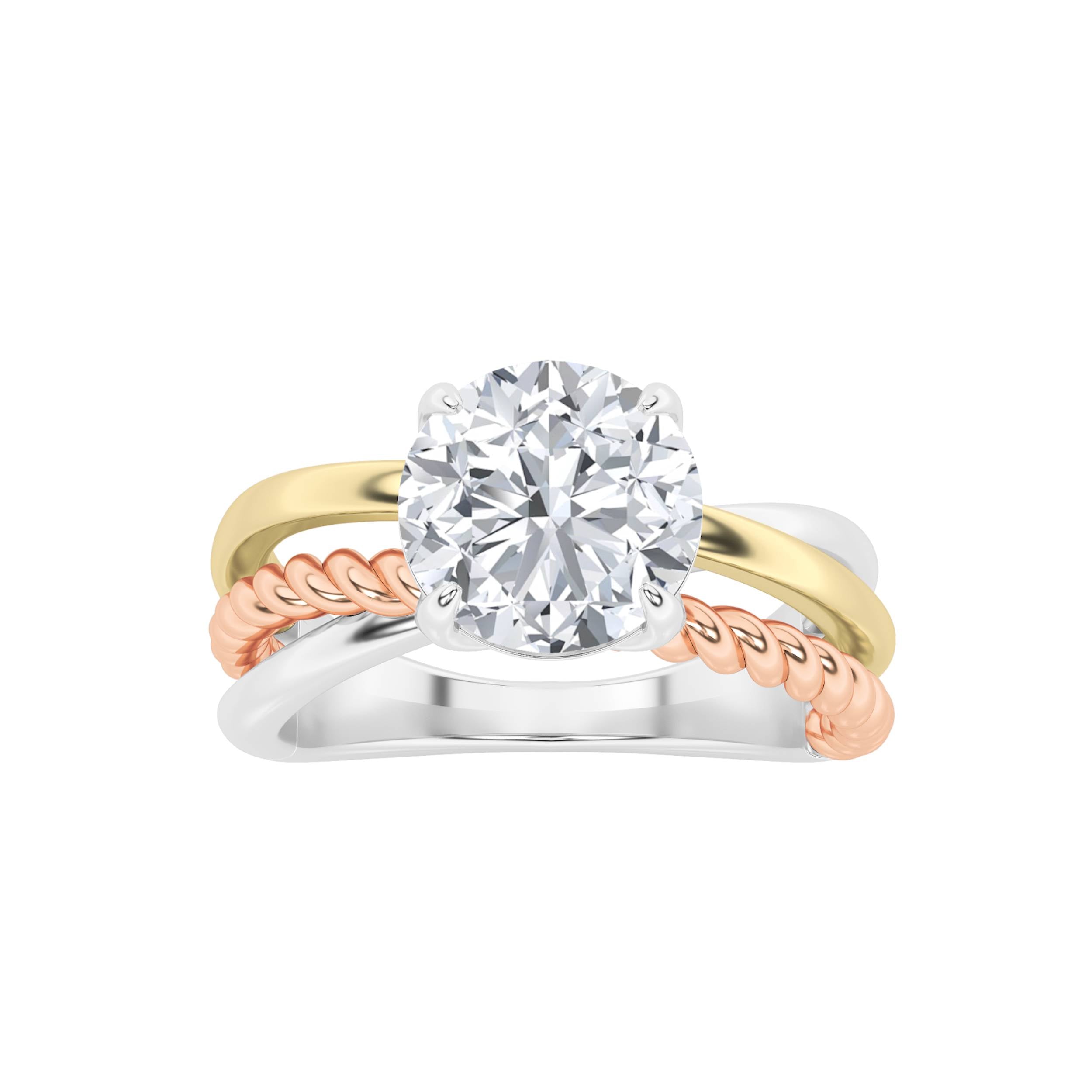2CTW Round Shaped Lab Grown Diamond (F/VS) Tri Color Solitaire Engagement Ring in 14K Gold
