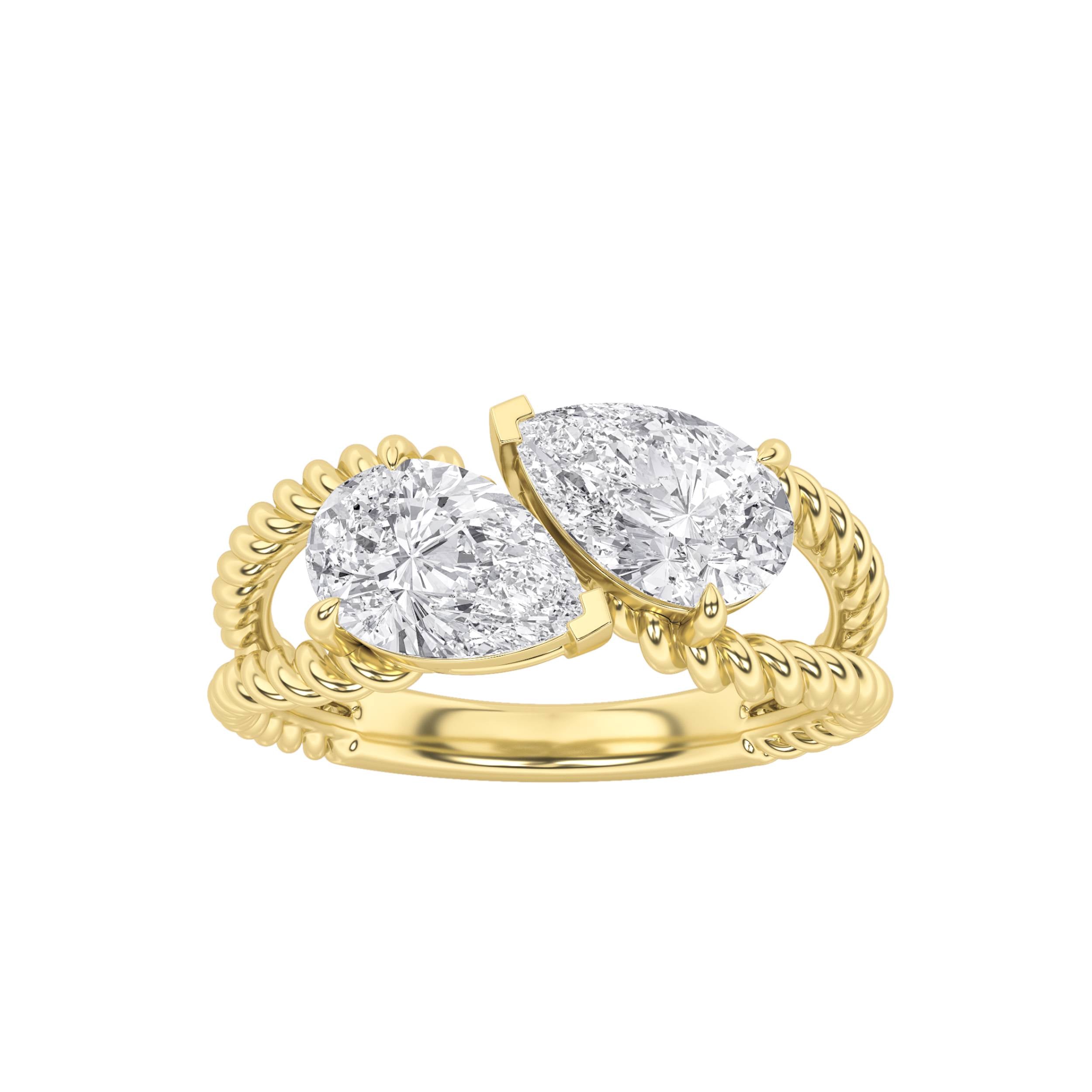 2CTW Pear Shaped Lab Grown Diamond (F/VS) Toi et Moi Fashiion Ring in 14K Gold