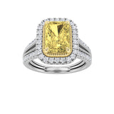 2.5CTW Radiant Shaped Fancy Yellow Lab Grown Diamond (F/VS) Split Shank Halo Engagement Ring in 14K Gold