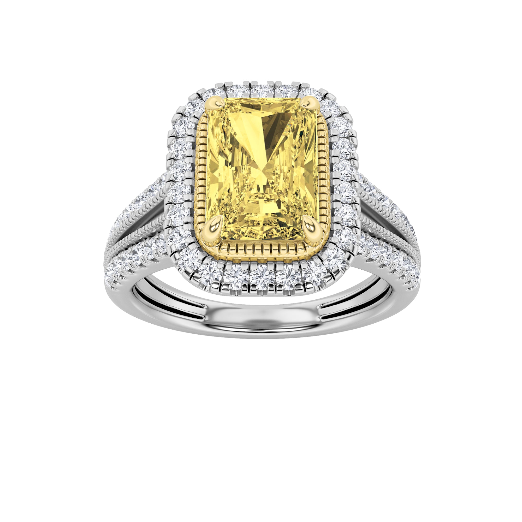 2.5CTW Radiant Shaped Fancy Yellow Lab Grown Diamond (F/VS) Split Shank Halo Engagement Ring in 14K Gold