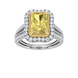 2.5CTW Radiant Shaped Fancy Yellow Lab Grown Diamond (F/VS) Split Shank Halo Engagement Ring in 14K Gold