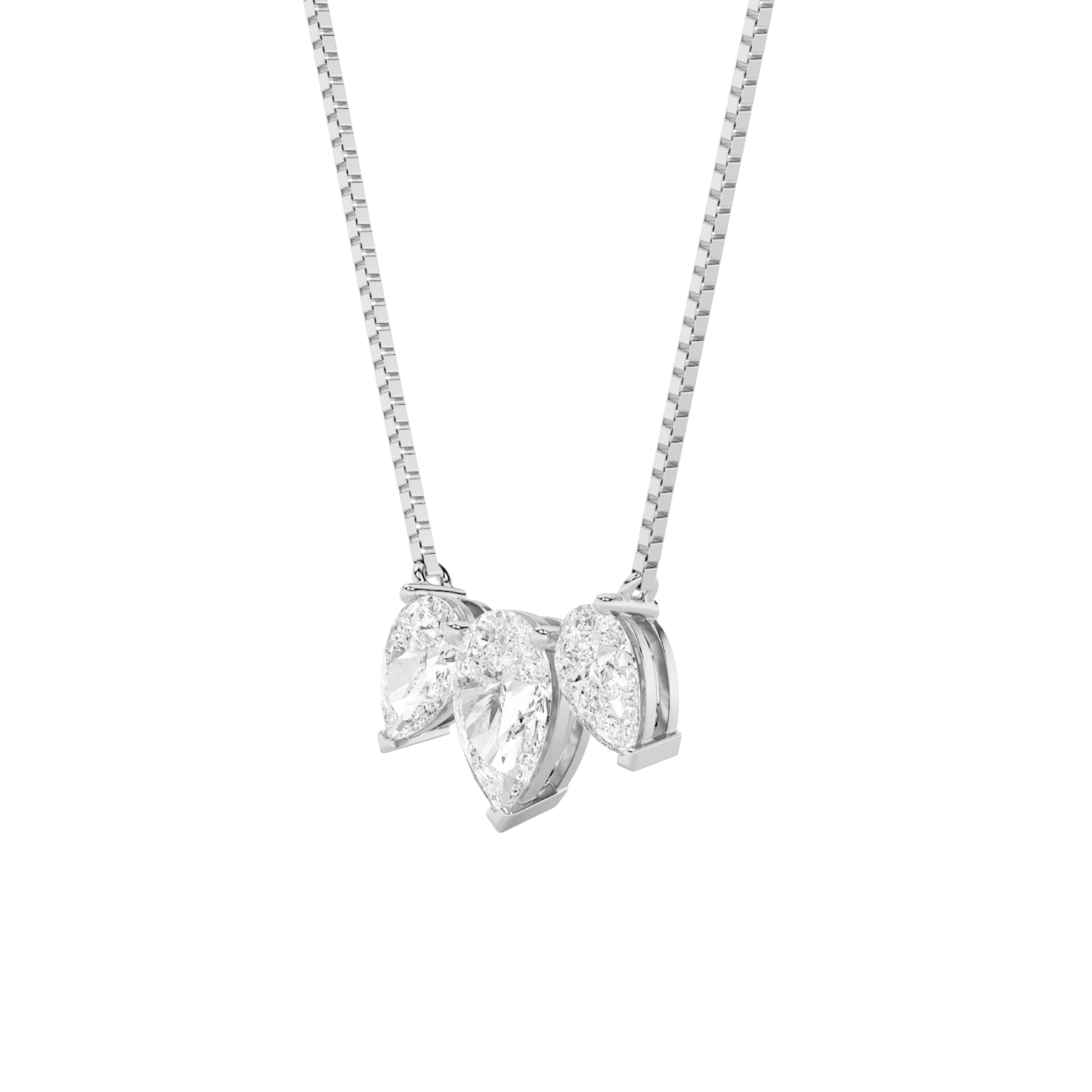 3CTW Pear Shaped Lab Grown Diamond (F/VS) Three Stone Necklace in 14K Gold