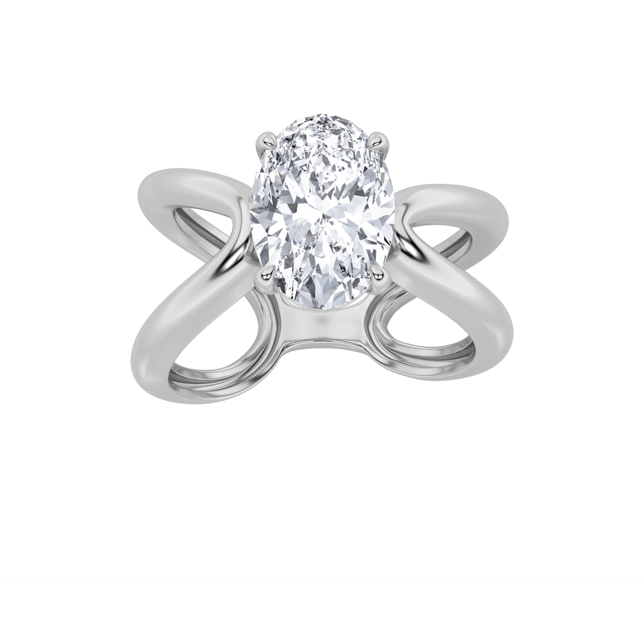 2CTW Oval Shaped Lab Grown Diamond (F/VS) Criss Cross Fancy Solitaire Ring in 14K Gold