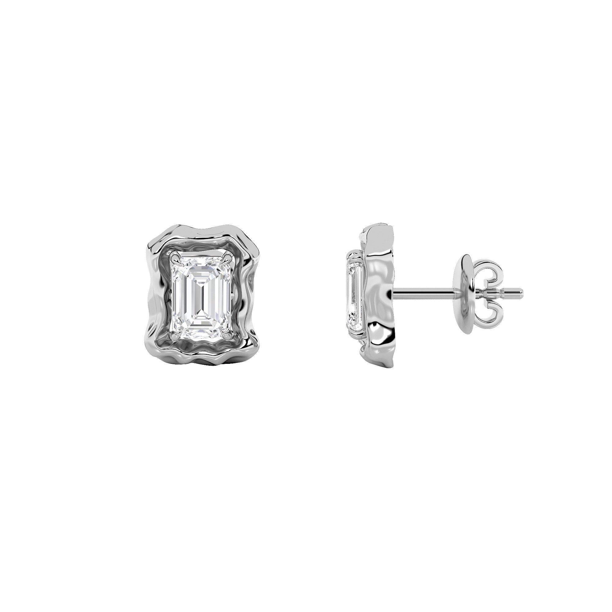 1.5CTW Emerald Shaped Lab Grown Diamond (F/VS) Organic Design Stud Earrings in 14K Gold