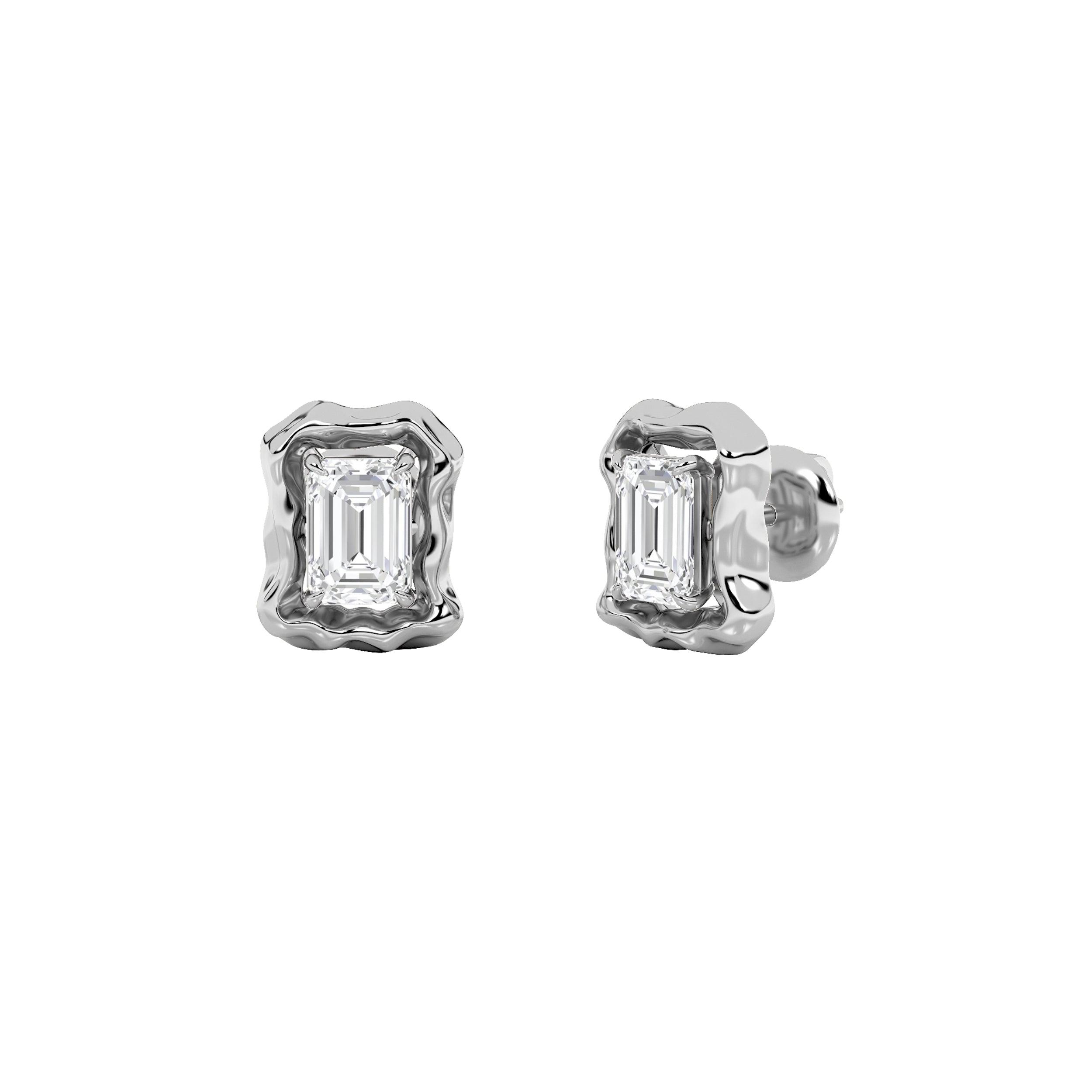 1.5CTW Emerald Shaped Lab Grown Diamond (F/VS) Organic Design Stud Earrings in 14K Gold