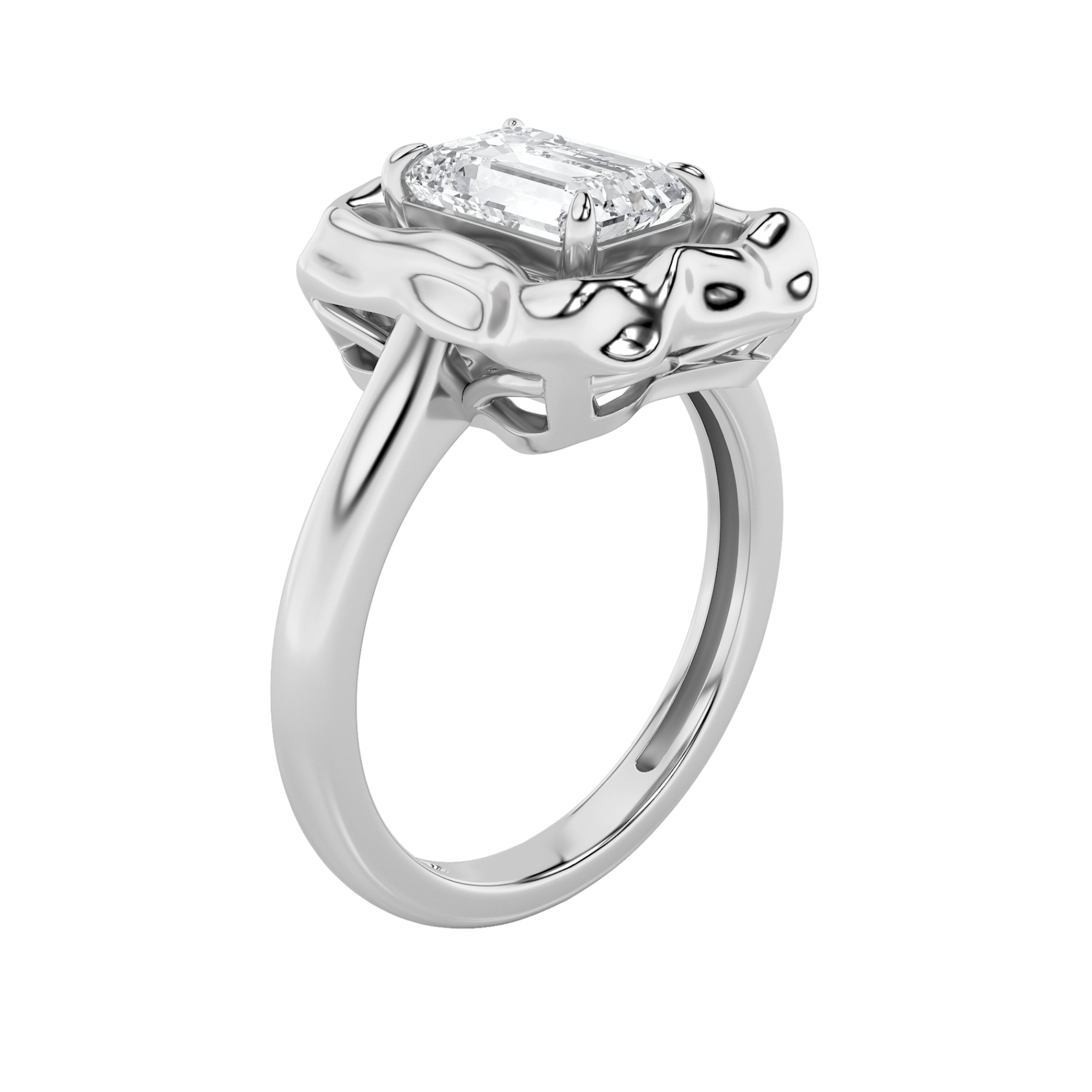 1.5CTW Emerald Shaped Lab Grown Diamond (F/VS) Organic Design Solitaire Ring in 14K Gold