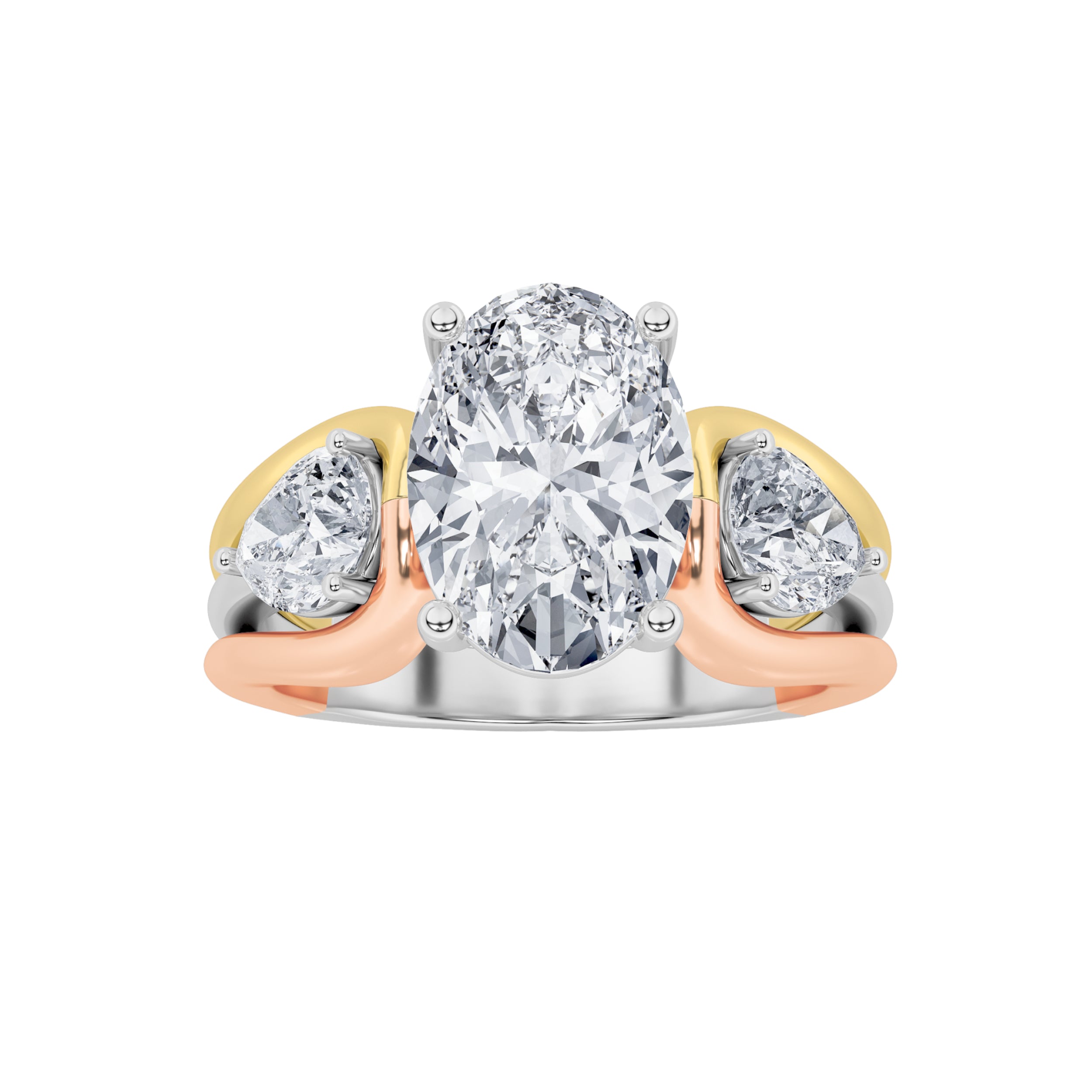 3CTW Oval Shaped Lab Grown Diamond (F/VS) Tri Color Solitaire Engagement Ring in 14K Gold