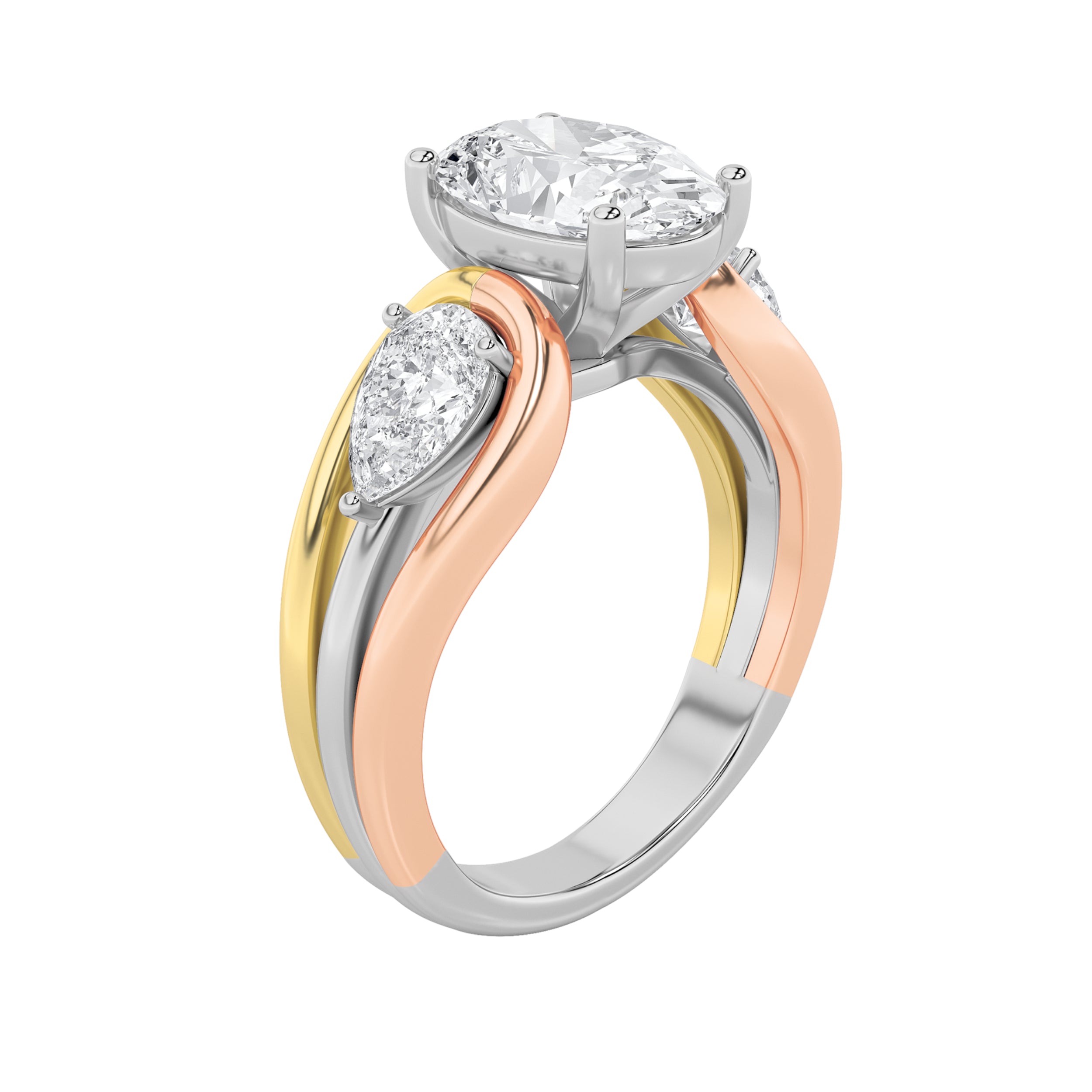 3CTW Oval Shaped Lab Grown Diamond (F/VS) Tri Color Solitaire Engagement Ring in 14K Gold