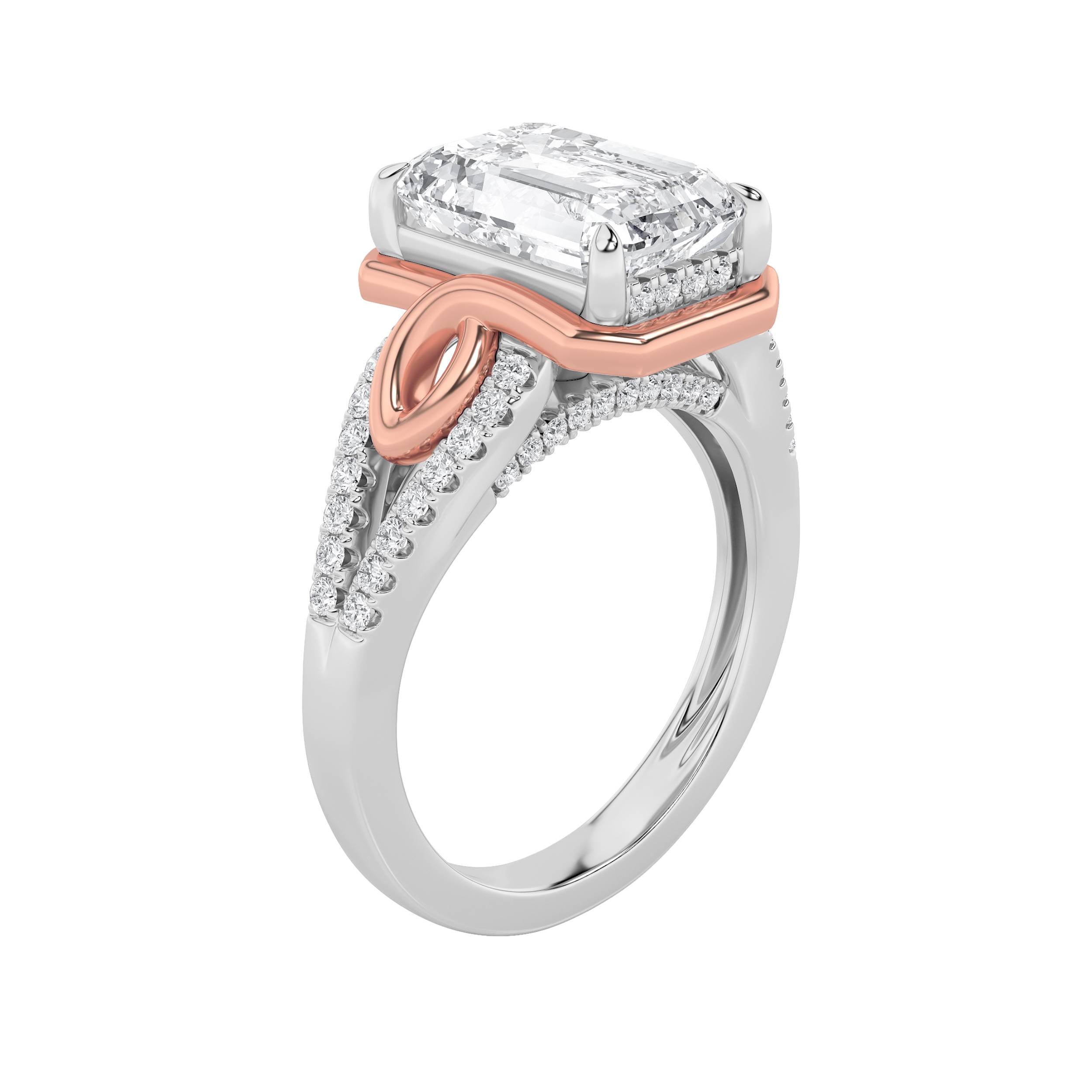 4.25CTW Emerald Shaped Lab Grown Diamond (F/VS) Bold Accented Two Tone Engagement Ring in 14K Gold