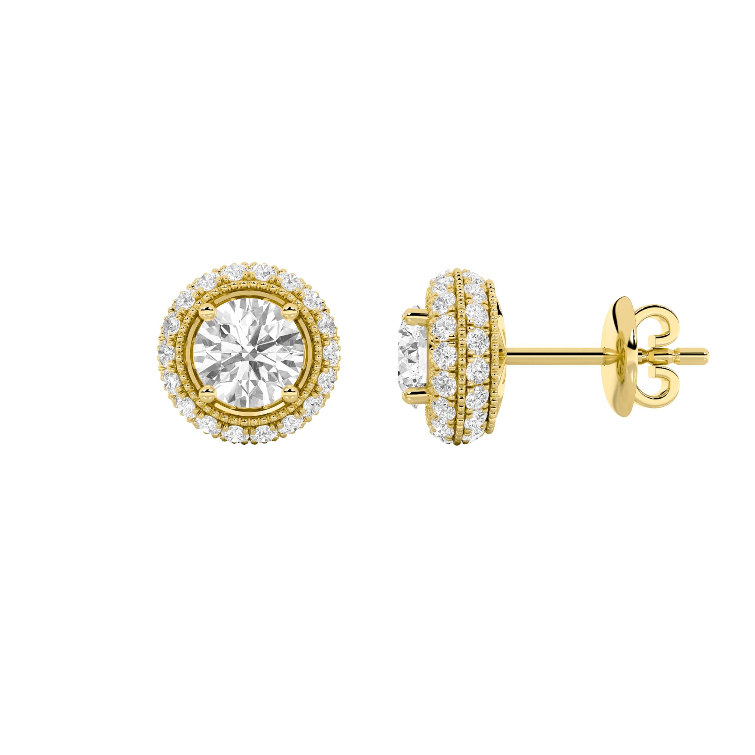 2CTW Round Shaped Lab Grown Diamond (F/VS) Stud Earrings in 14K Gold