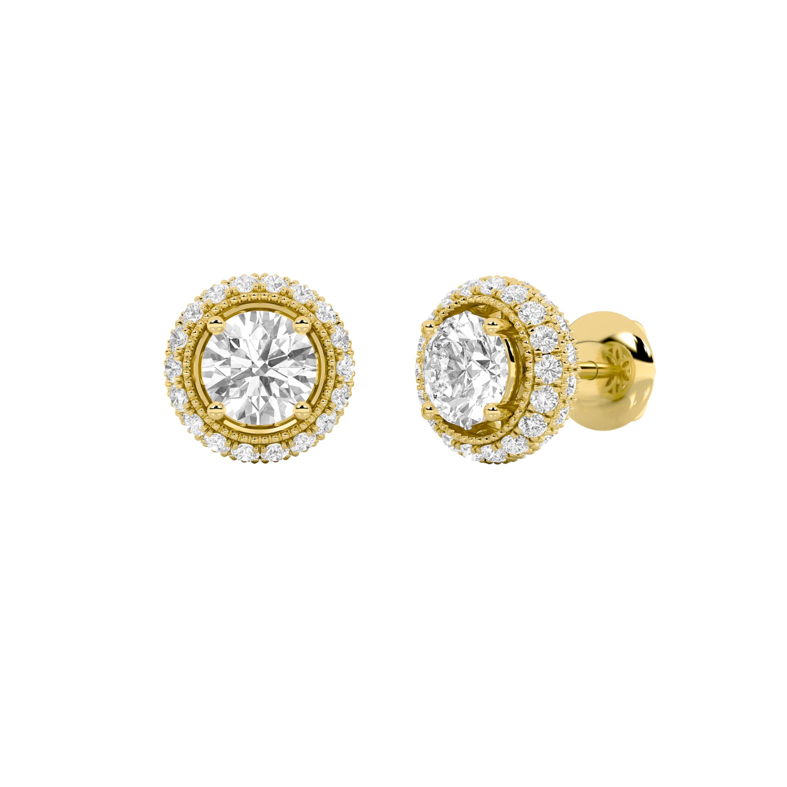 2CTW Round Shaped Lab Grown Diamond (F/VS) Stud Earrings in 14K Gold