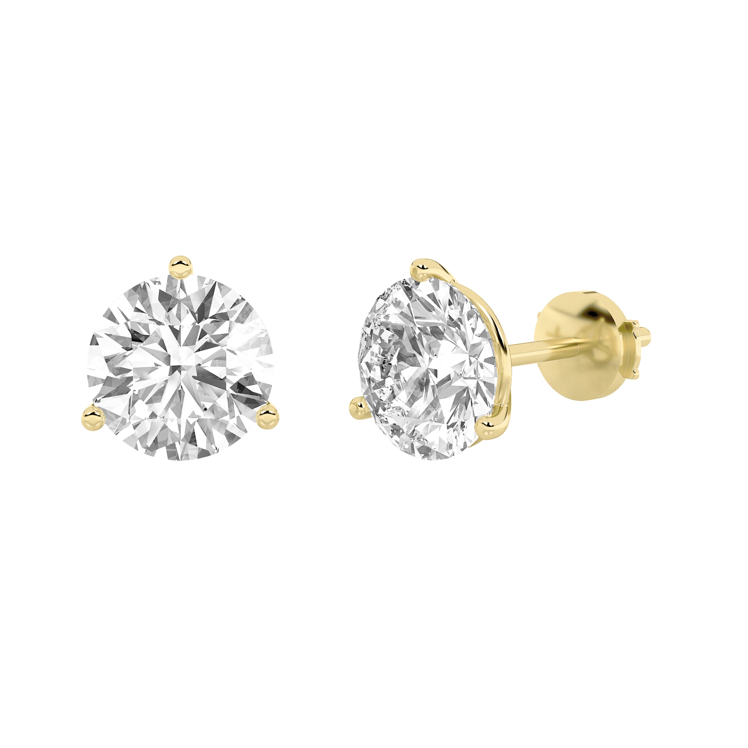 2CTW Round Shaped Lab Grown Diamond (G/VS) Three Prong Martini Stud Earrings in 14K Yellow Gold