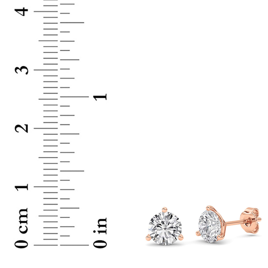 2CTW Round Shaped Lab Grown Diamond (G/VS) Three Prong Martini Stud Earrings in 14K Gold