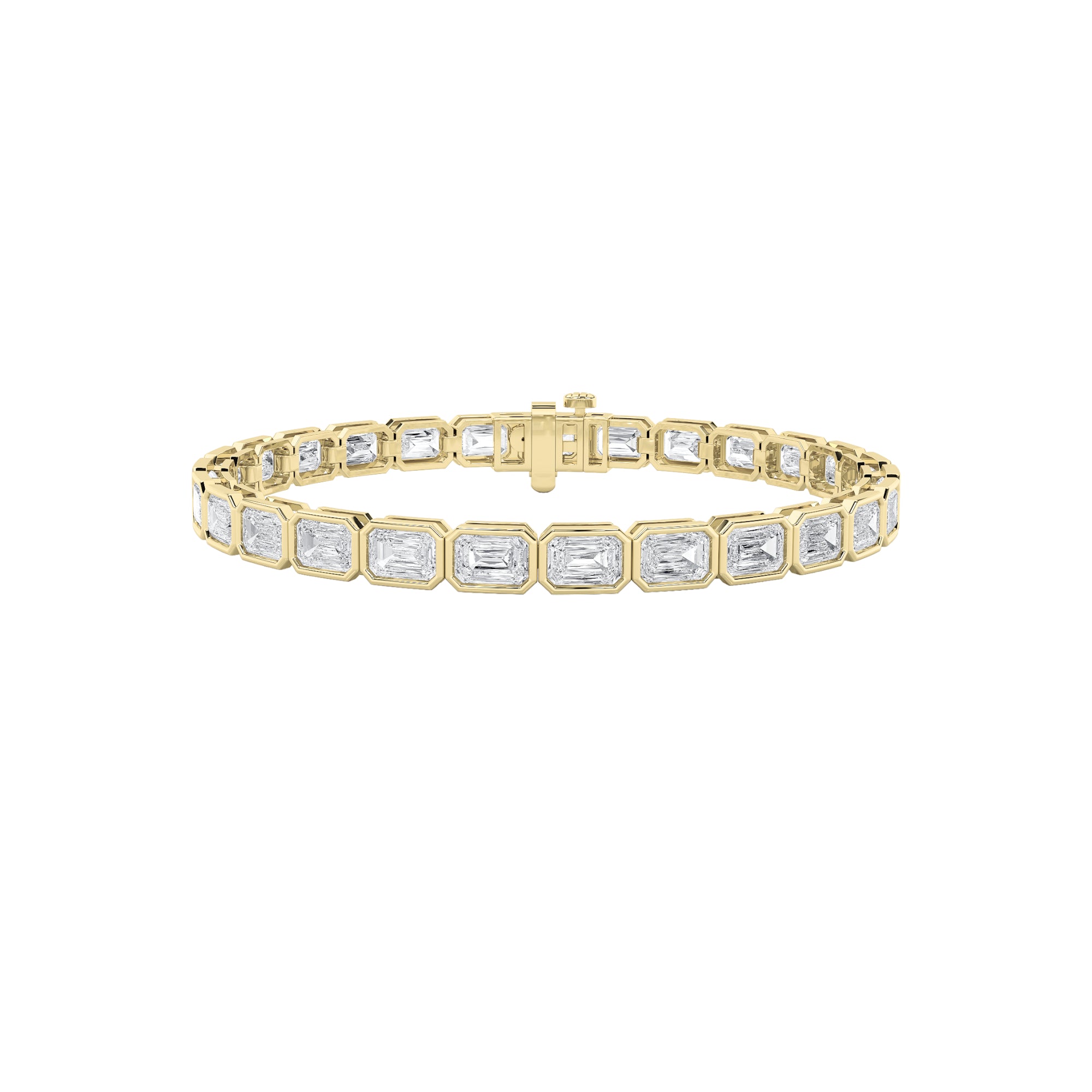 15CTW Emerald Shaped Lab Grown Diamond (F/VS) East West Bezel Set Bracelet in 14K Gold