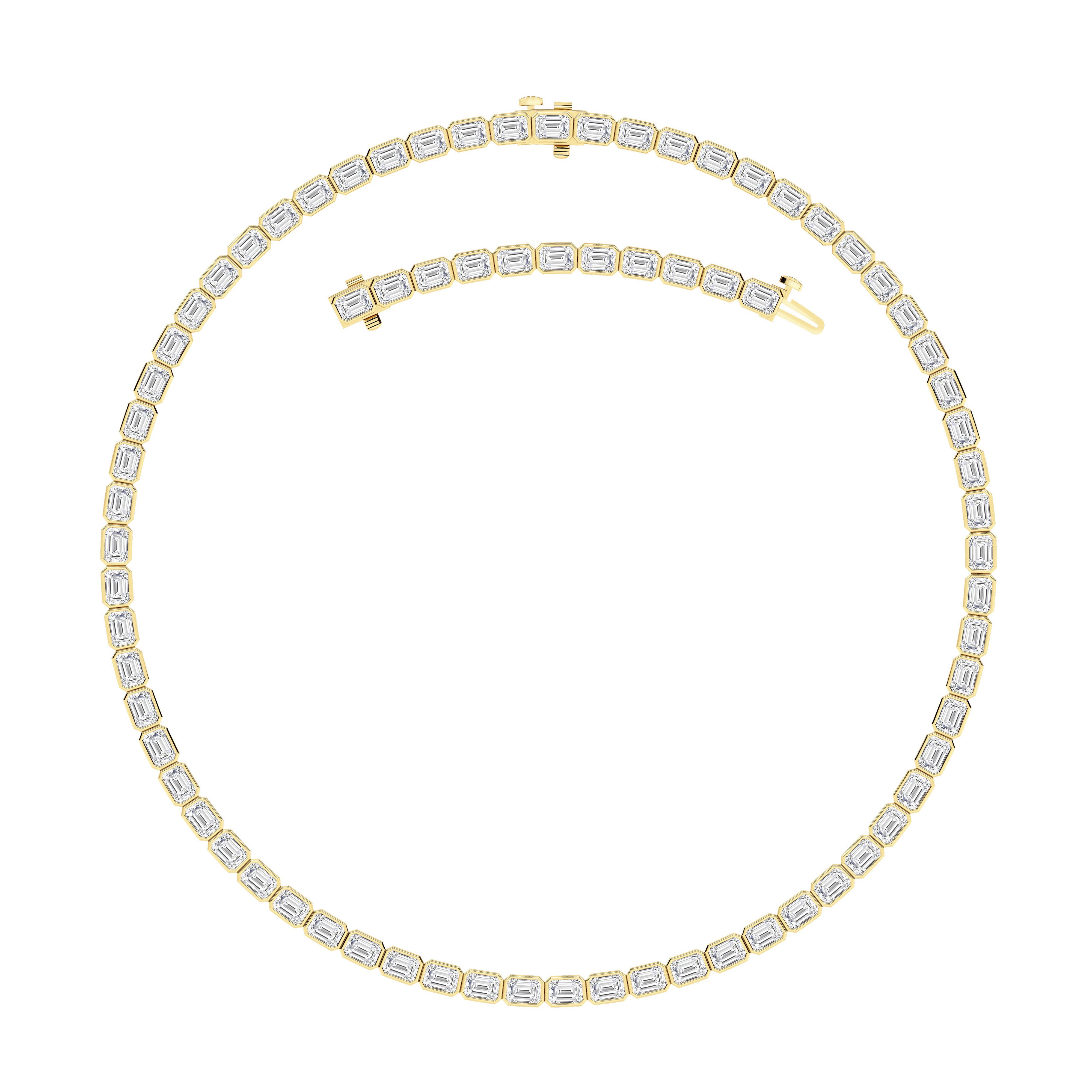 30CTW Emerald Shaped Lab Grown Diamond (F/VS ) Bezel Set Necklace in 14K Gold