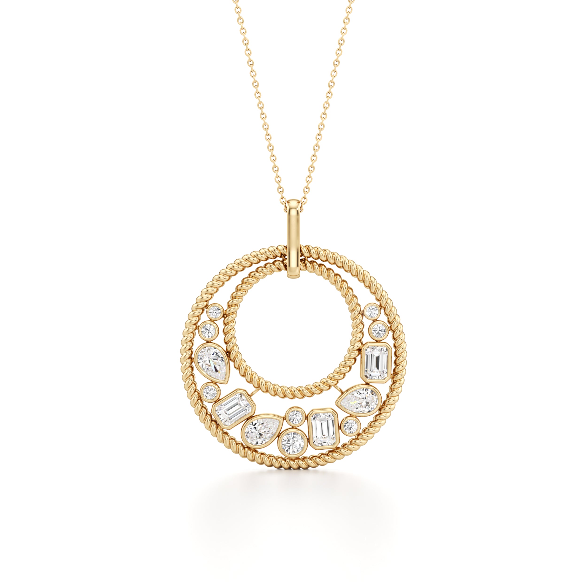 2CTW Emerald Shaped Lab Grown Diamond (F/VS) Bezel set Bubble Pendant in 14K Gold