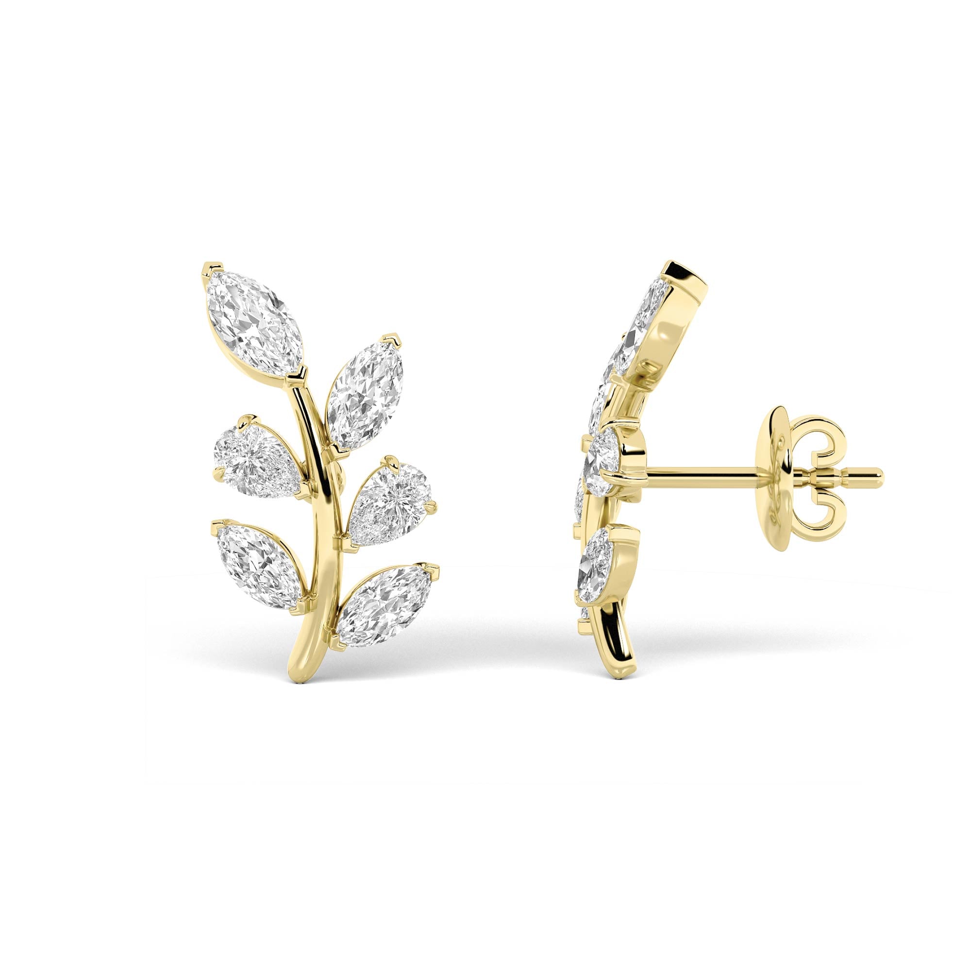 2CTW Marquise Shaped Lab Grown Diamond (F/VS) Leaf Motif Fashion Earrings in 14K Gold