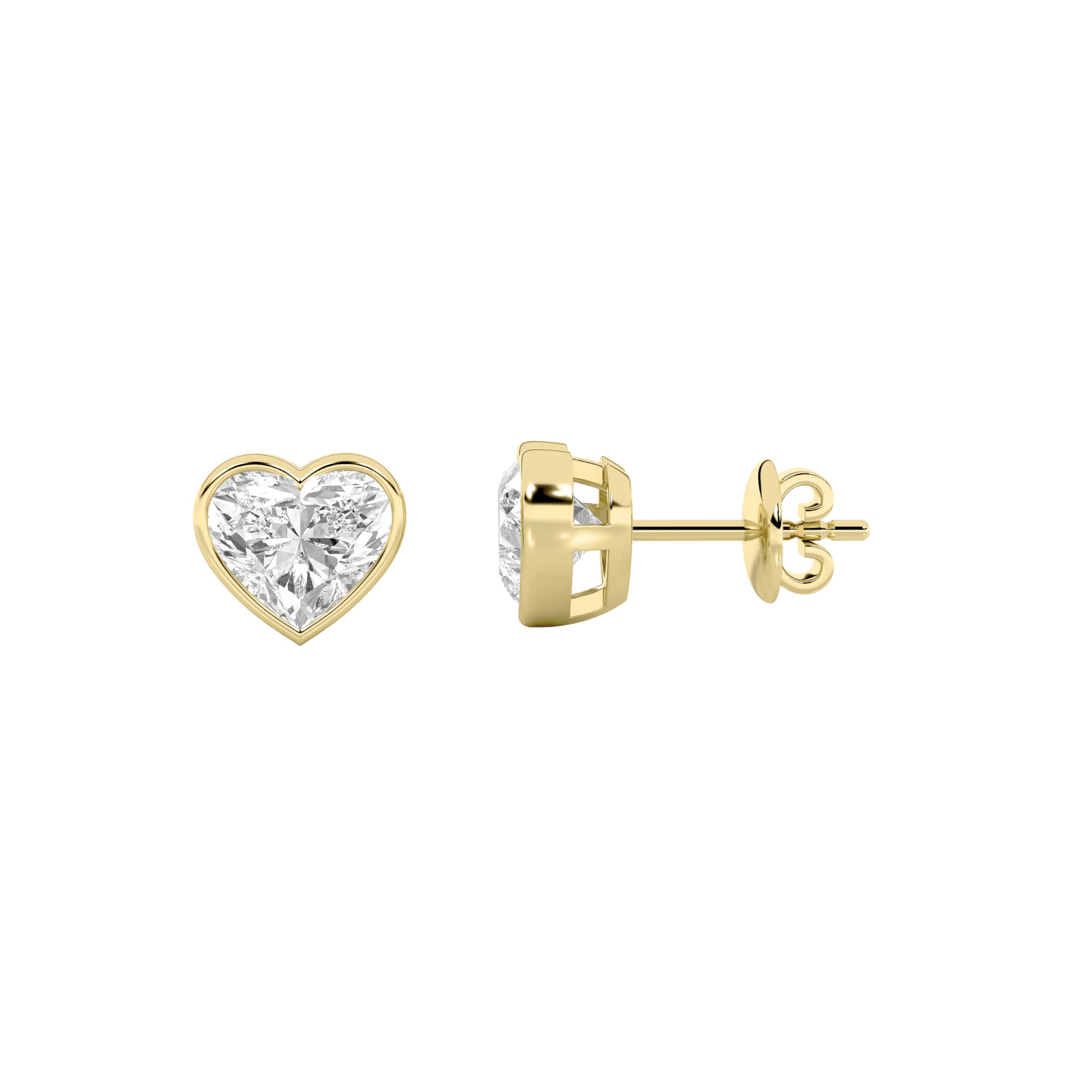 2CTW Heart Shaped Lab Grown Diamond (F/VS) Bezel Set Stud Earrings in 14K Gold