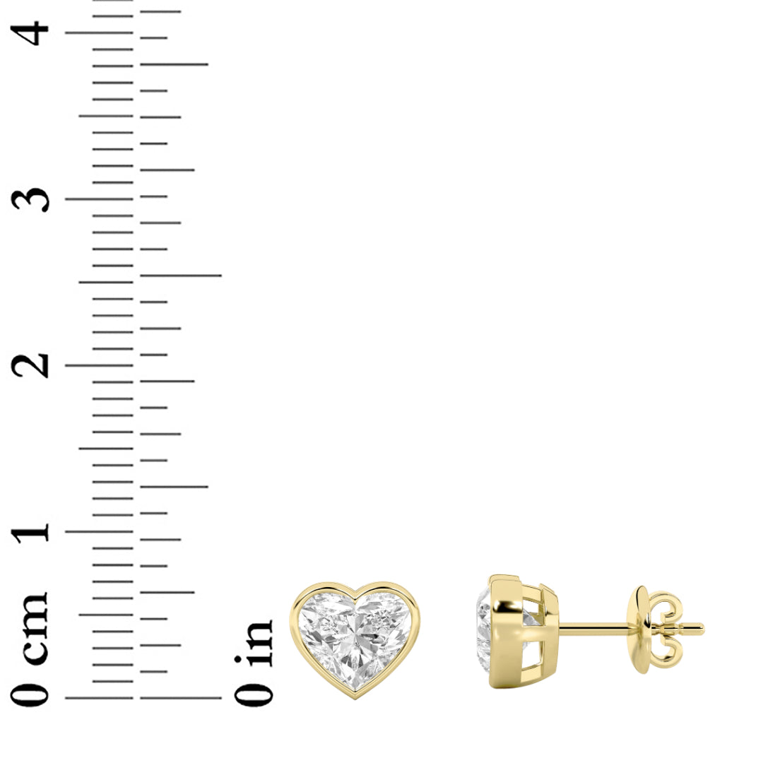 2CTW Heart Shaped Lab Grown Diamond (F/VS) Bezel Set Stud Earrings in 14K Gold